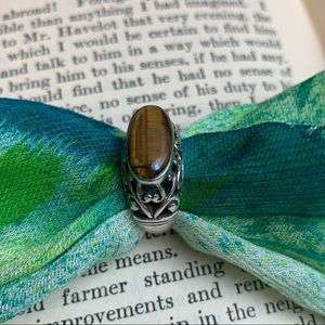 VINTAGE Beautiful STERLING SILVER Filagree Ring with Amber Stone 6.5